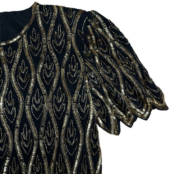 STENAY TOP VINTAGE BEADED SEQUINS SILK ART TO WEAR SCALLOPED SIZE L EMBELLISHED - Picture 4 of 11